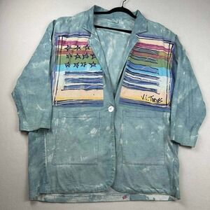 90s V.C. Torias Green Blue‎ Dyed Art To Wear Hand Painted Patch Denim Jacket OS